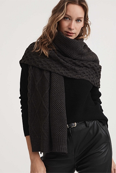 Charcoal Patchwork Cable Knit Scarf - Women's Scarves & Wraps | Witchery