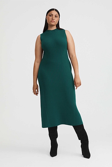 Petrol Green Knit Rib Mock Neck Dress - Women's A Line Dresses | Witchery