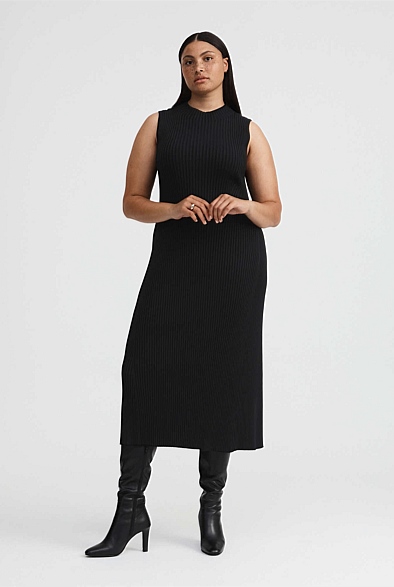 Black Knit Rib Mock Neck Dress - Women's Black Dresses | Witchery