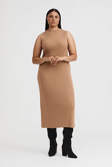 Camel Knit Rib Mock Neck Dress - Women's Knit Dresses | Witchery