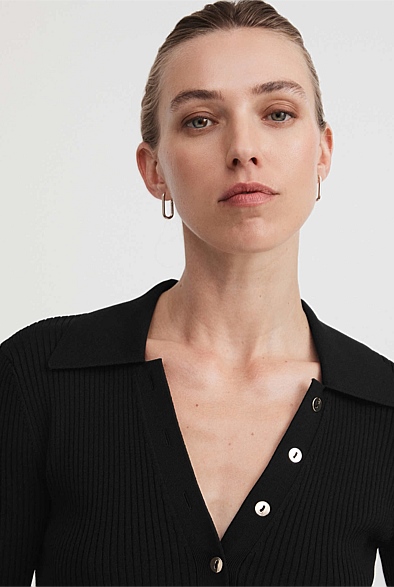 Black Crepe Collar Henley - Women's Workwear Tops | Witchery