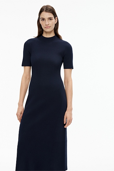 Blue Night Rib Mock Neck Knit Dress - Women's A Line Dresses | Witchery