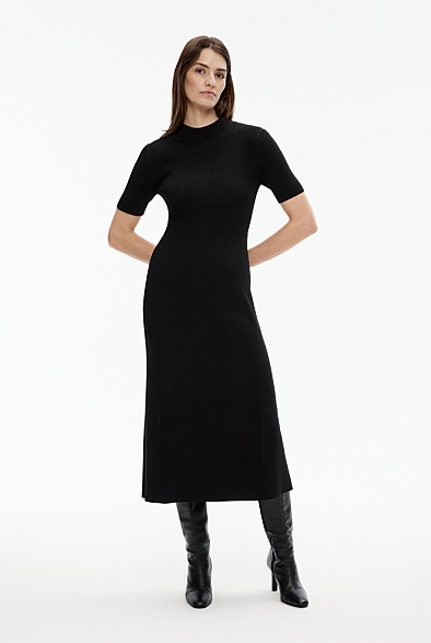 Black Rib Mock Neck Knit Dress - Women's A Line Dresses | Witchery