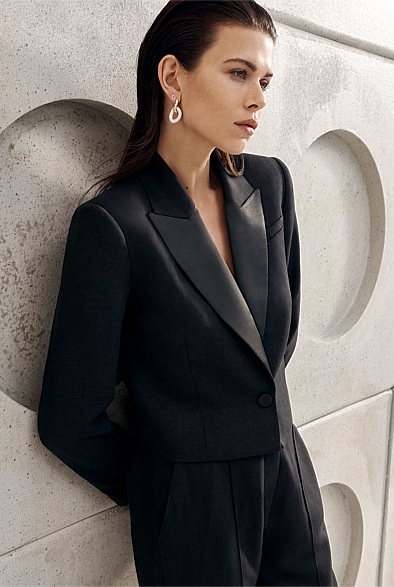 Black Linen Blend Cropped Tuxedo Blazer - Women's Blazers | Witchery