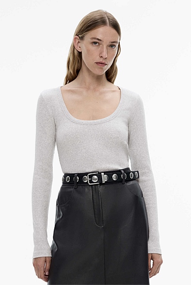 Light Grey Marle Scoop Neck Rib Top - Women's Workwear Tops | Witchery