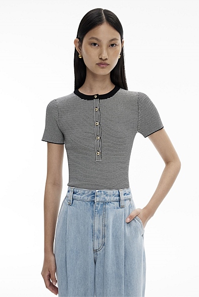 STRIPE SLEEVELESS HENLEY KNIT CROP TOP
