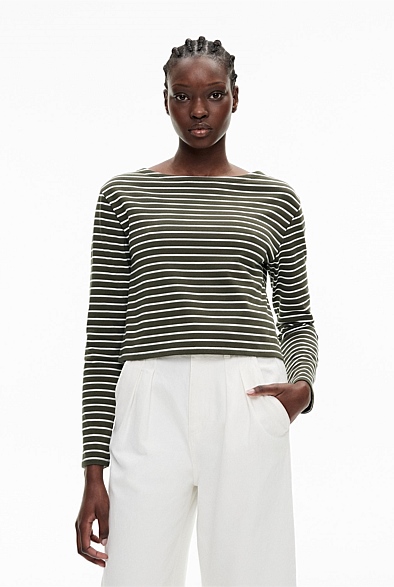 Chic Beautyy Orange Trim Navy and White Stripe Long Sleeve Top main image 1