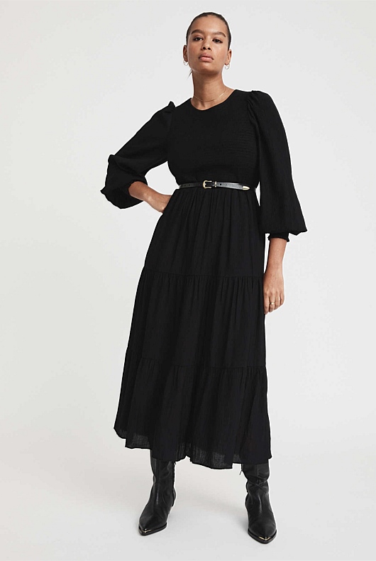 Black Shirred Bodice Dress - Women's Long Sleeve Dresses | Witchery