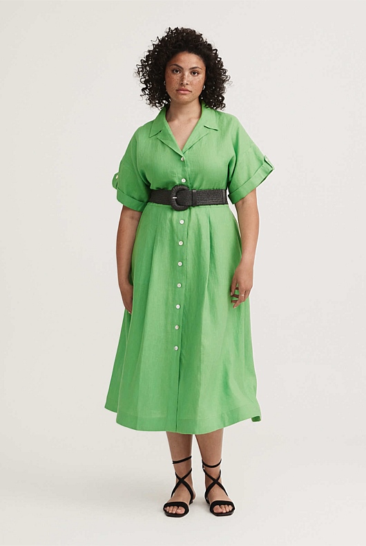 Spring Green Linen Tab Sleeve Shirt Dress Women's A Line Dresses