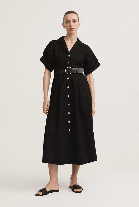 Black Linen Tab Sleeve Shirt Dress Women's A Line Dresses Witchery
