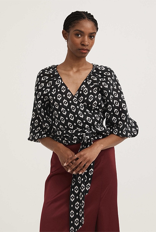 Pitch Black French Linen Ikat Wrap Blouse - Women's Linen Shirts | Witchery