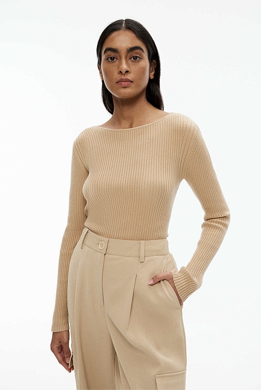 Washed Sand Boat Neck Rib Knit - Women's Long Sleeve Tops | Witchery