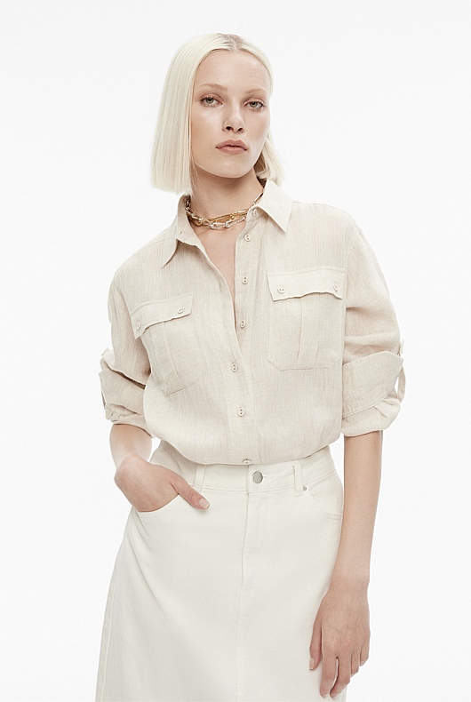 Flax Yarn Dye French Linen Pocket Detail Shirt - Women's Linen Shirts ...
