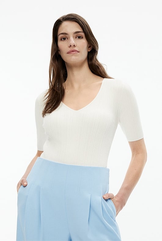 Variagated Rib Chalk Variegated Rib Knit - Women's Short Sleeve Tops | Witchery