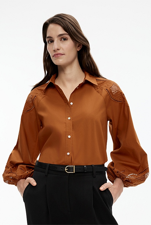 Faded Terracotta Cotton Broderie Blouse - Women's Evening Shirts | Witchery