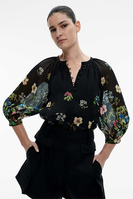 Raven Botanical Silk Linen Blouse - Women's Evening Shirts | Witchery
