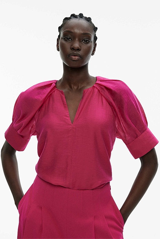 Dahlia Pink Pleat Detail Cuff Blouse Women's Evening Shirts Witchery