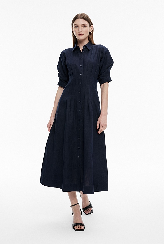 Blue Night French Linen Dart Midi Dress - Women's A Line Dresses | Witchery