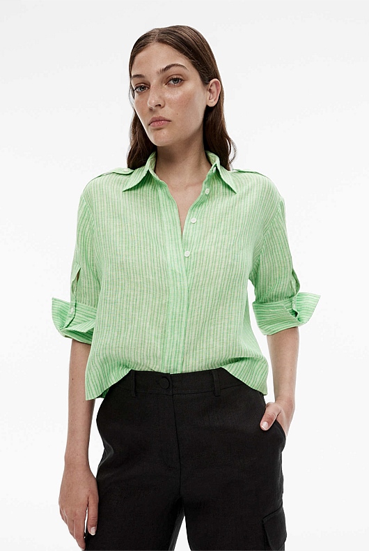 Green French Linen Stripe Crop - Women's Linen Shirts | Witchery