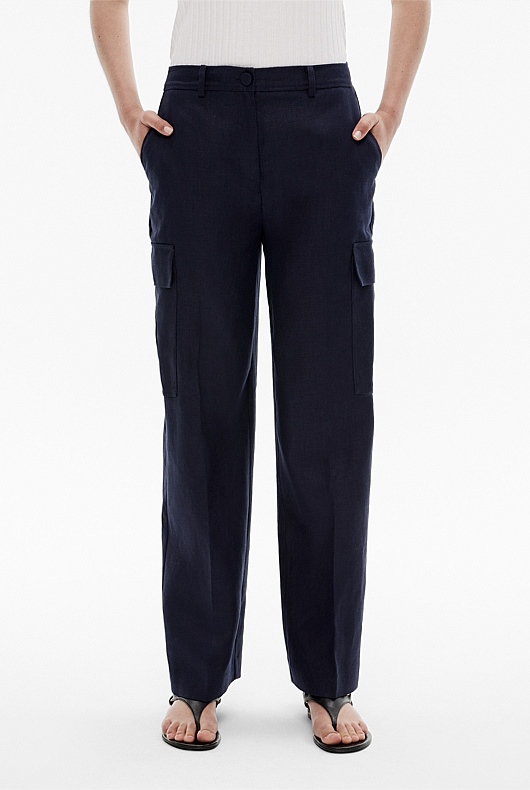 Blue Night Linen Cargo Pocket Trouser - Women's High Waisted Pants ...