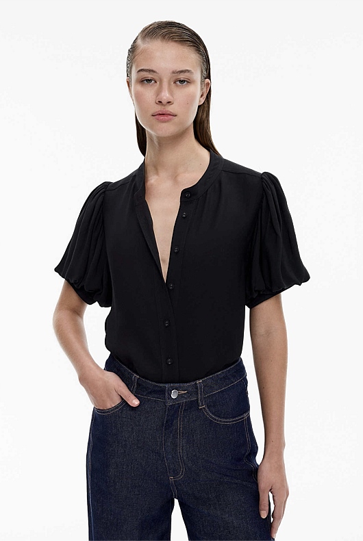 Black Drape Puff Sleeve Blouse - Women's Puff Sleeve Shirts | Witchery