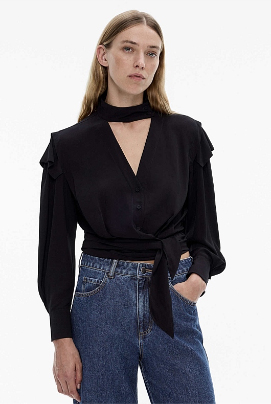 Black Tie V-Neck Blouse - Women's Evening Shirts | Witchery