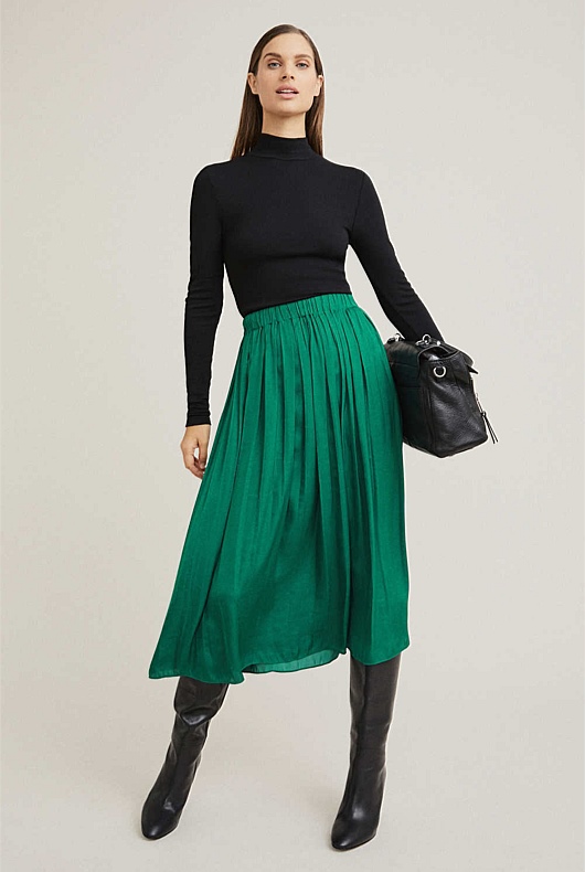 Bottle Green Soft Pleat Skirt - Women's Midi Skirts 