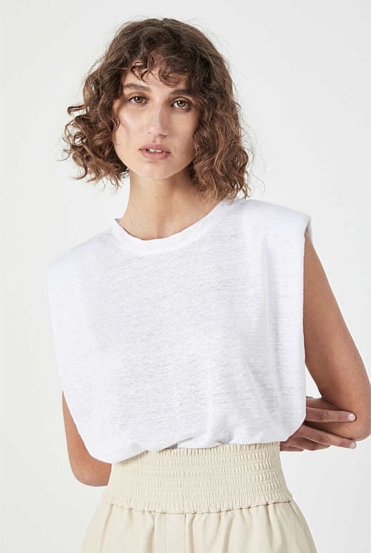 Pure White Linen Shoulder Pad Tank Women's Sleeveless Tops Witchery