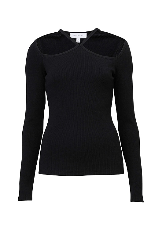 Black Cotton Halter Long Sleeve Top Womens Long Sleeve Tops Witchery