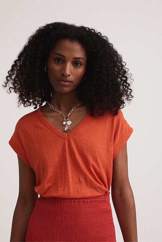 Tangelo Linen V Neck Tee Women's Short Sleeve Tops Witchery