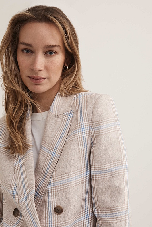 Beige Linen Yarn Dye Check Blazer Women's Blazers Witchery