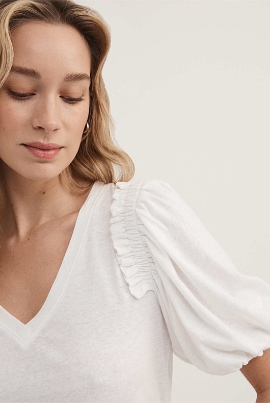 Chalk Linen Cotton Ruffle Detail Top Women's Puff Sleeve Tops Witchery