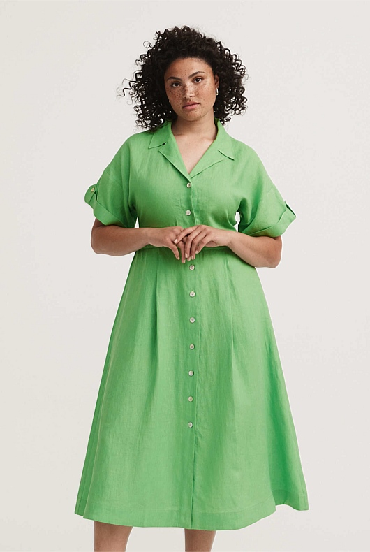 Spring Green Linen Tab Sleeve Shirt Dress Women's A Line Dresses