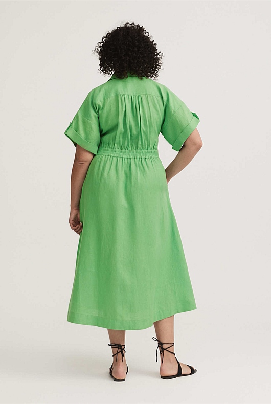 Spring Green Linen Tab Sleeve Shirt Dress Women's A Line Dresses