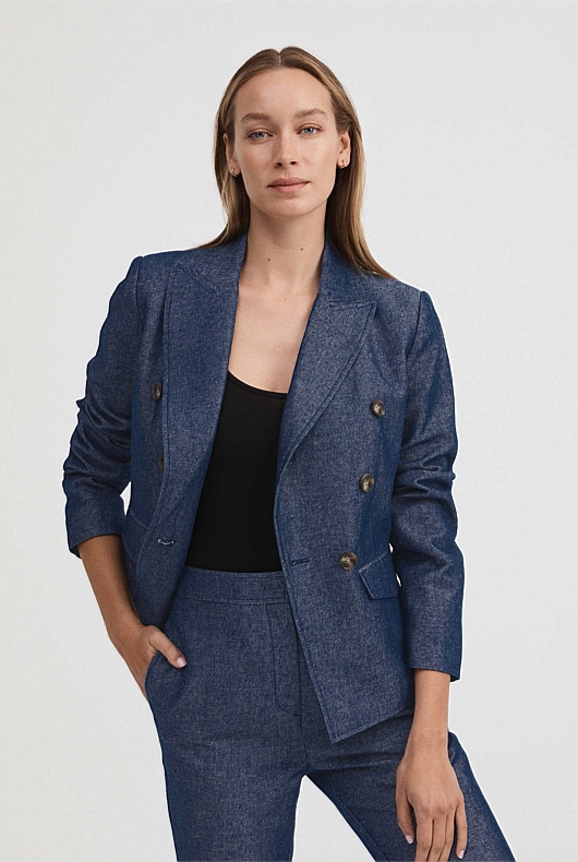 French Blue Yarn Dye DoubleBreasted Blazer Women's Blazers Witchery