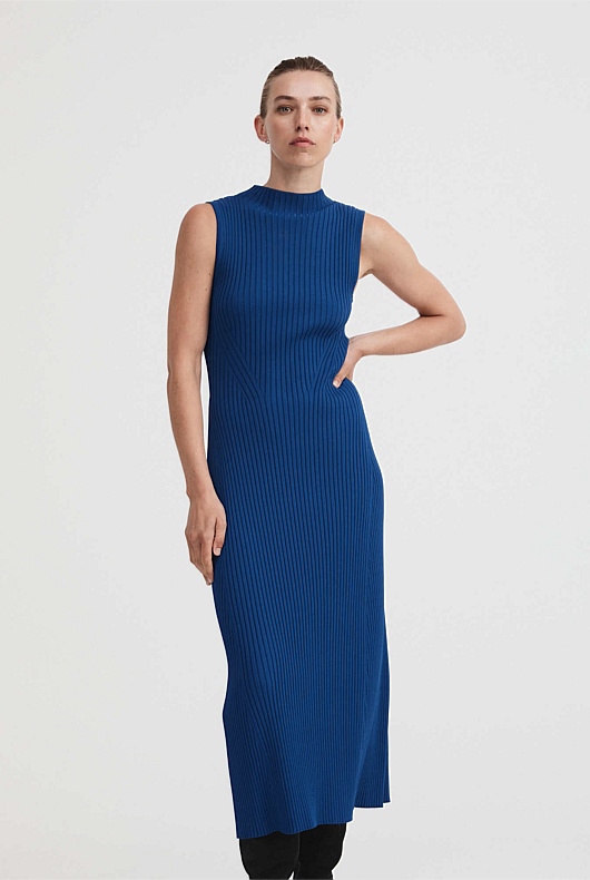 Eclipse Blue Knit Rib Mock Neck Dress - Women's Knit Dresses | Witchery