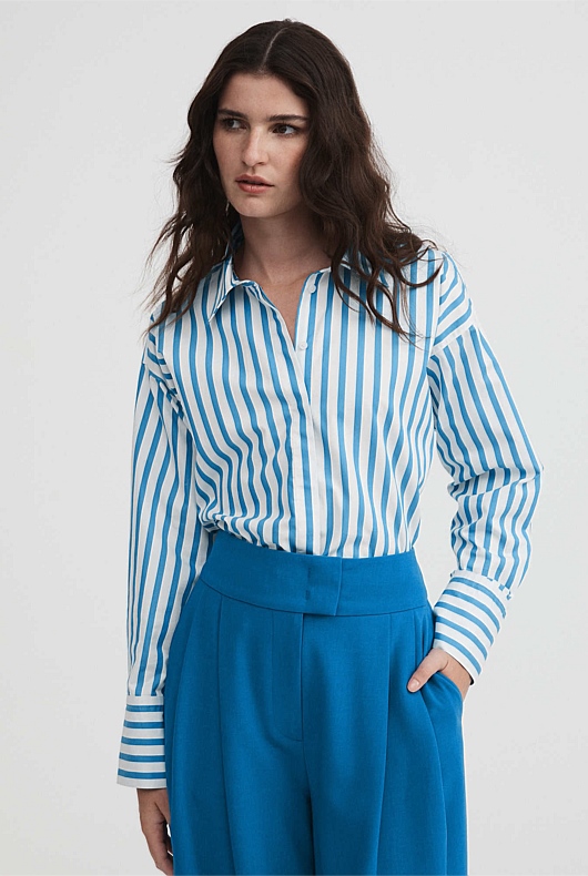 Wedgewood Blue Cotton Stripe Cropped Shirt - Women's Long Sleeve Shirts ...