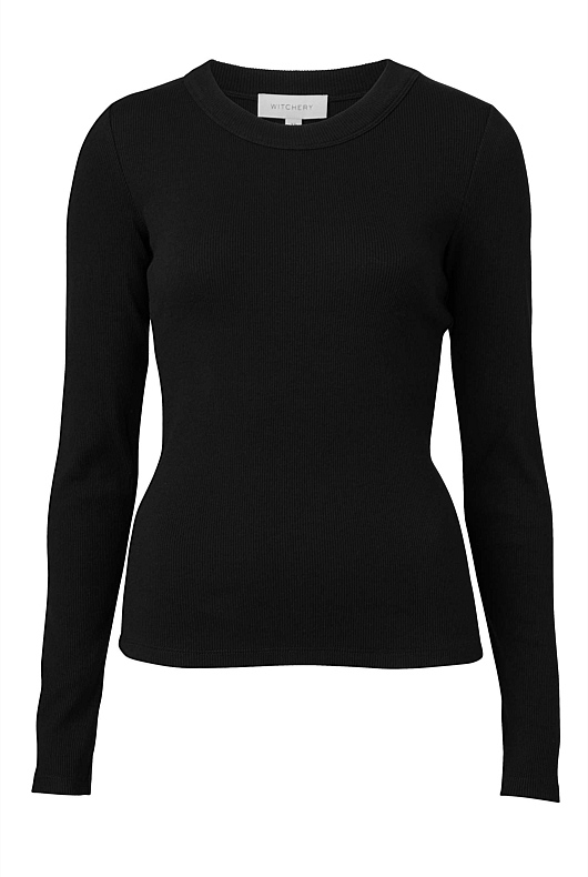 Black Long Sleeve Rib Top - Women's Long Sleeve Tops | Witchery