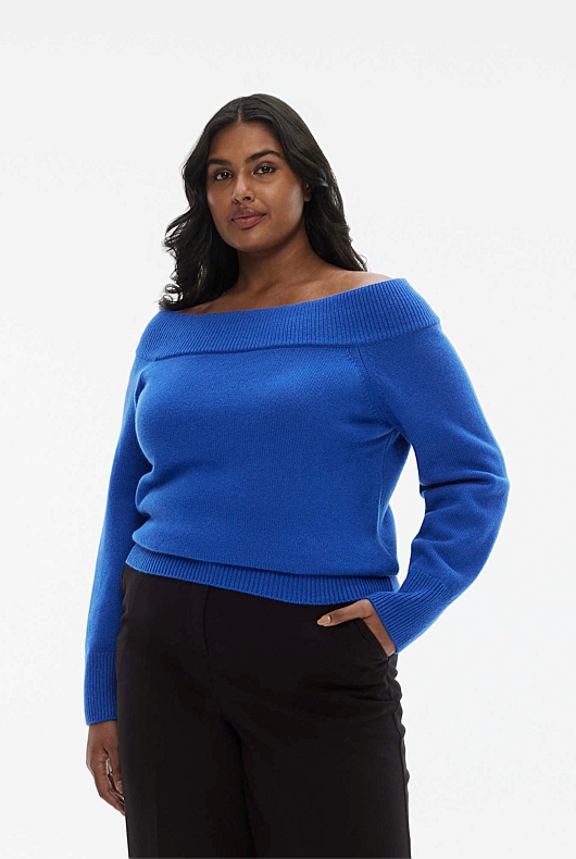 Bold Blue Merino Off Shoulder Knit - Women's Sweaters | Witchery