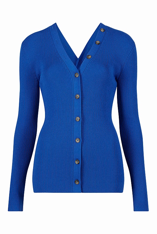 Bold Blue Button Through Rib Knit - Women's Long Sleeve Tops | Witchery