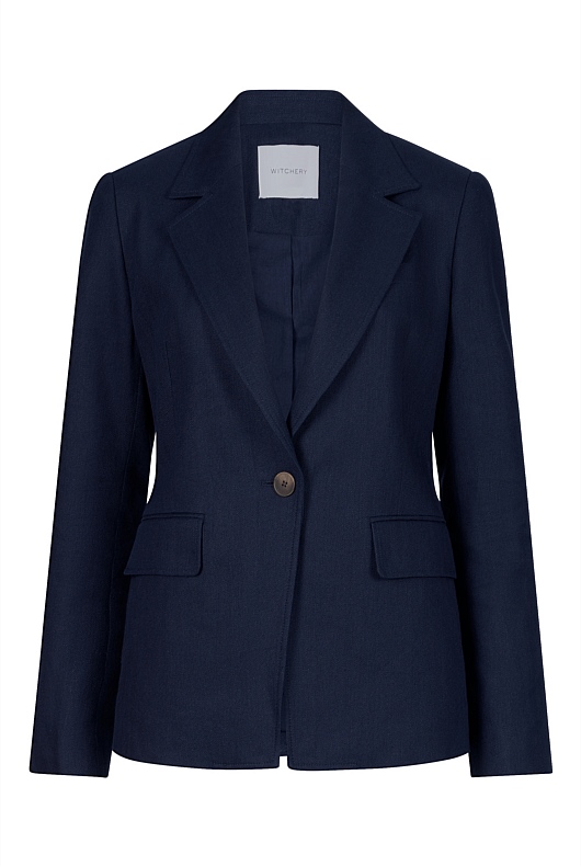 Blue Night Cotton Linen Single-Breasted Blazer - Women's Blazers | Witchery