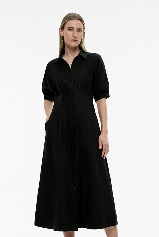 Black French Linen Dart Midi Dress - Women's A Line Dresses | Witchery