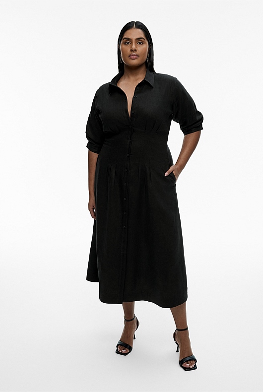 Black French Linen Dart Midi Dress - Women's A Line Dresses | Witchery