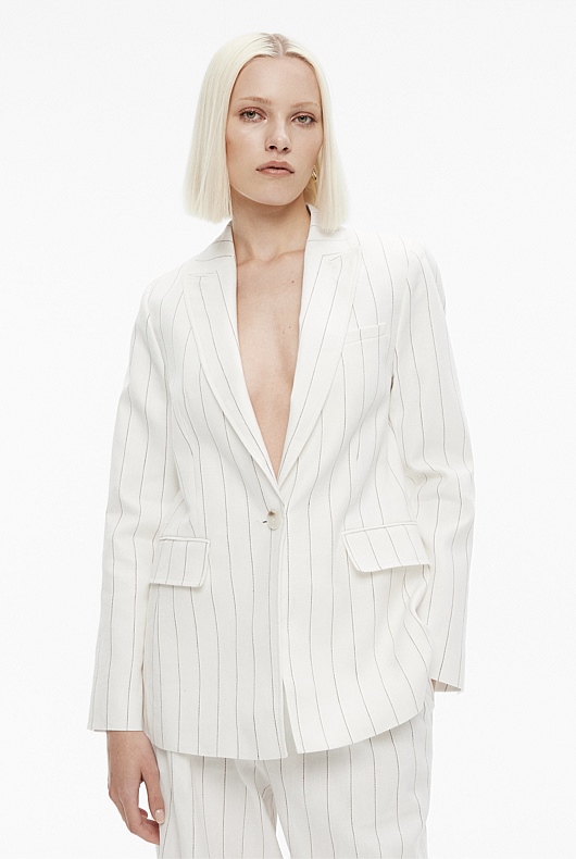 Neutral Linen Yarn Dye Stripe SingleBreasted Blazer Women's Blazers