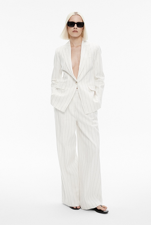 Neutral Linen Yarn Dye Stripe SingleBreasted Blazer Women's Blazers