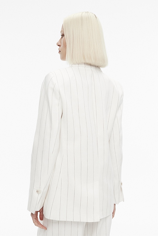 Neutral Linen Yarn Dye Stripe SingleBreasted Blazer Women's Blazers