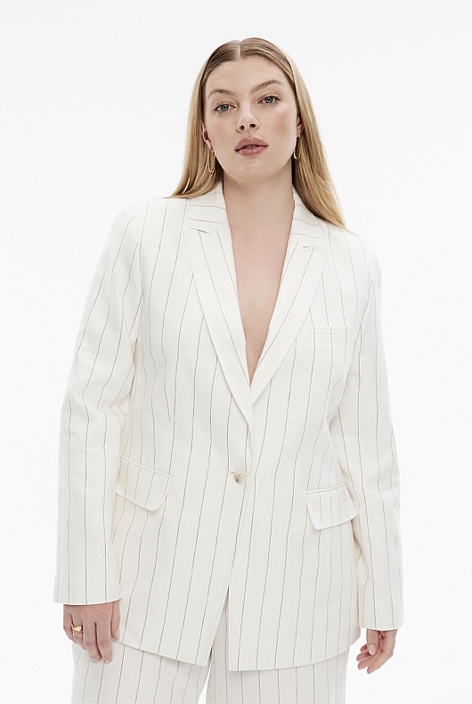 Neutral Linen Yarn Dye Stripe SingleBreasted Blazer Women's Blazers