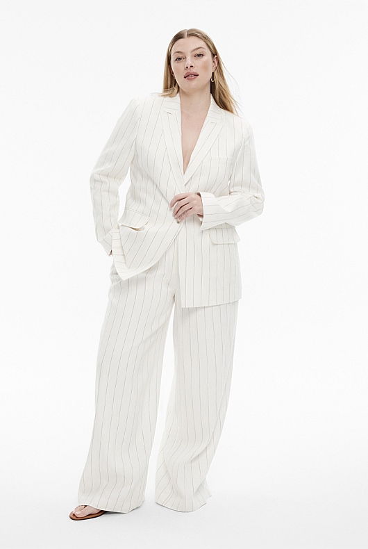 Neutral Linen Yarn Dye Stripe SingleBreasted Blazer Women's Blazers