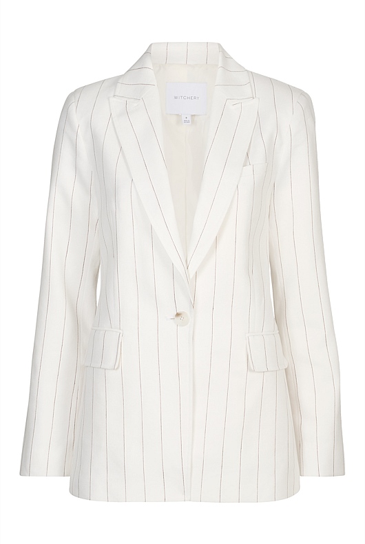 Neutral Linen Yarn Dye Stripe SingleBreasted Blazer Women's Blazers