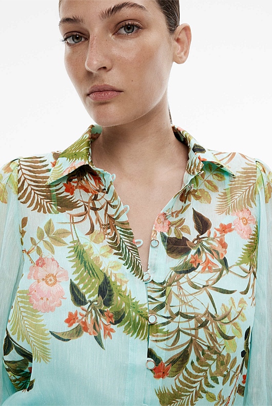 Evergreen Silk Linen Placed Print Blouse - Women's Evening Shirts ...